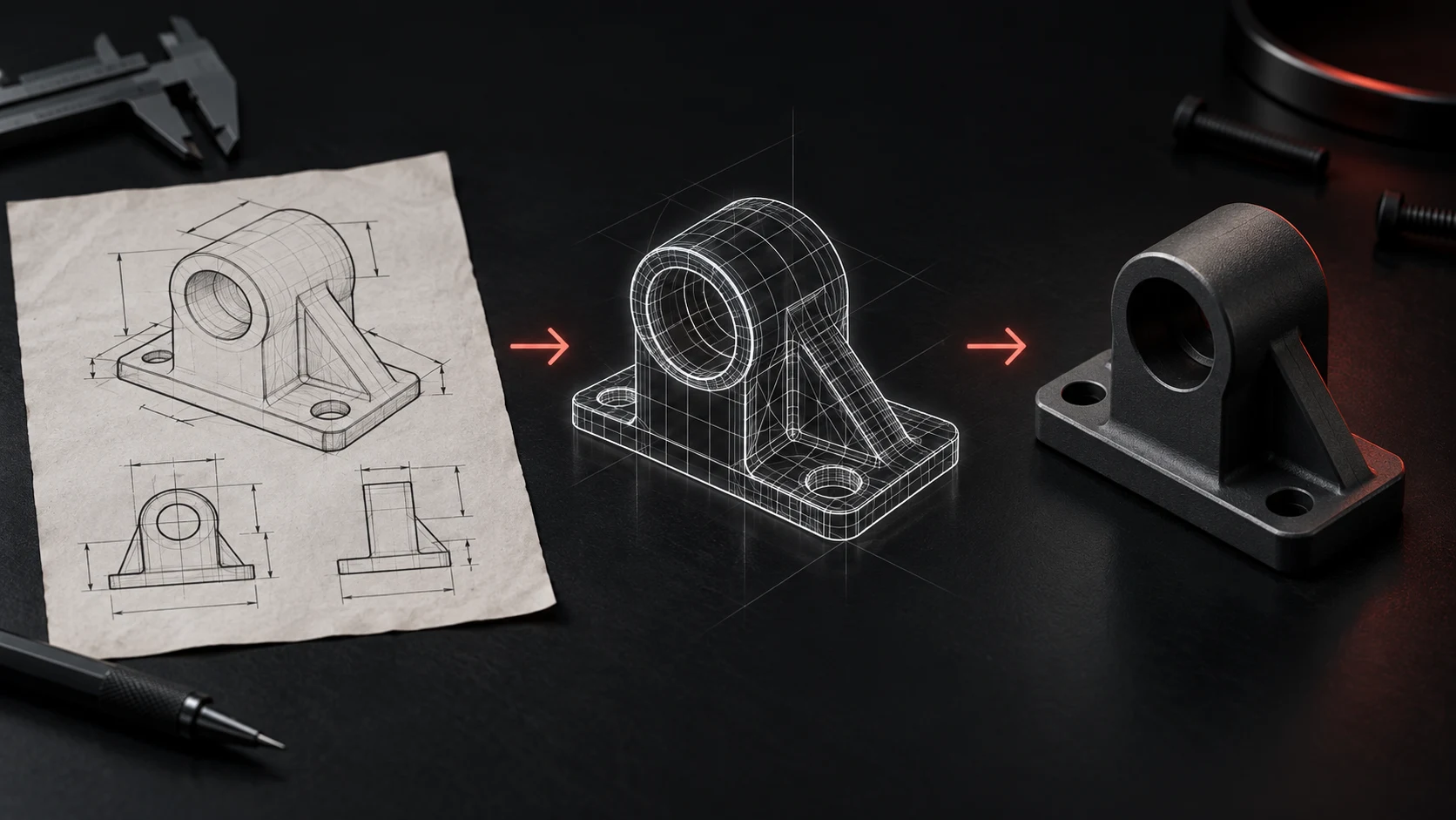 A dimensional sketch becoming a digital model and a finished part